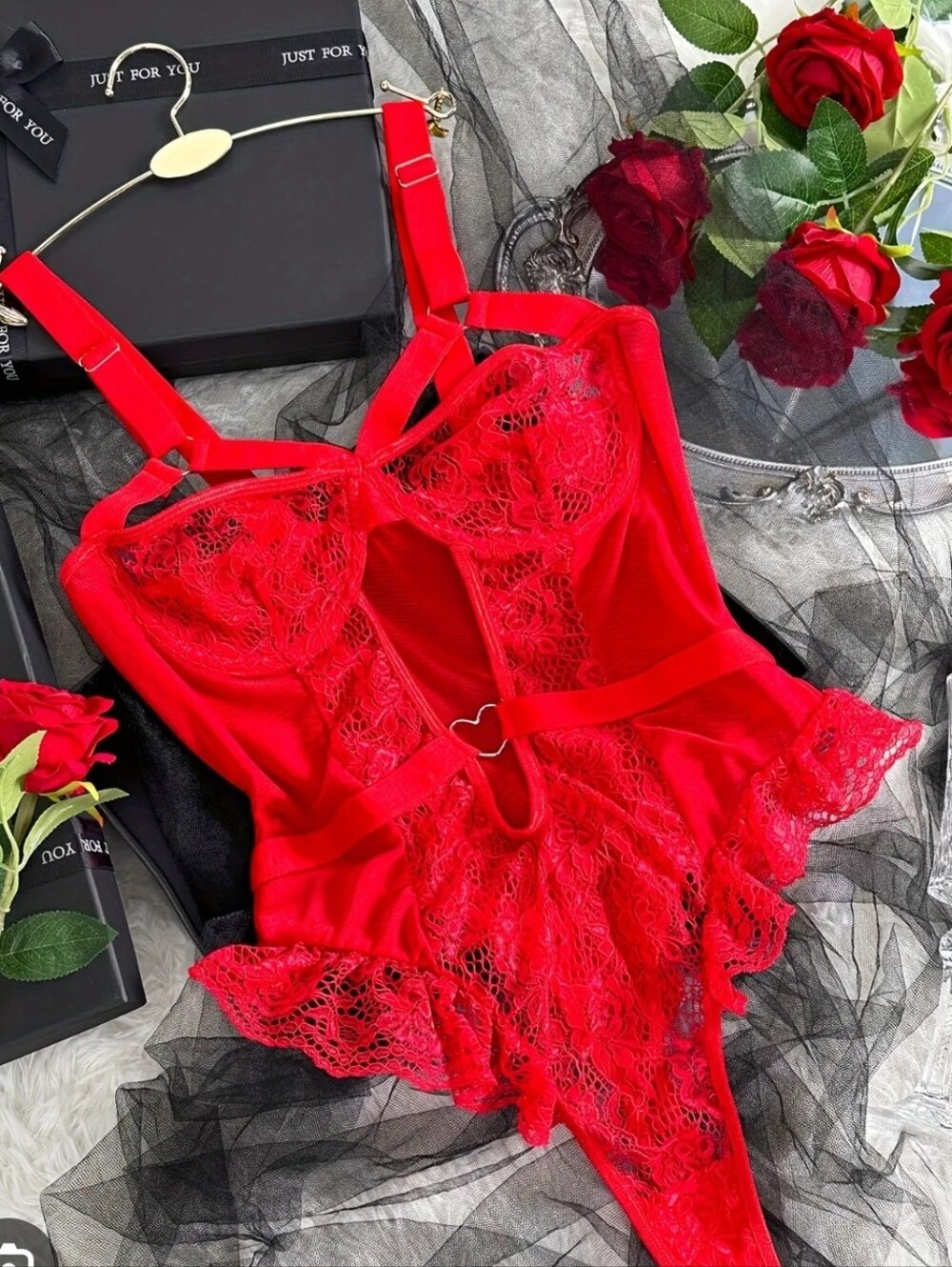 Source Unknown Red Lace Heart-Detail Teddy Bodysuit